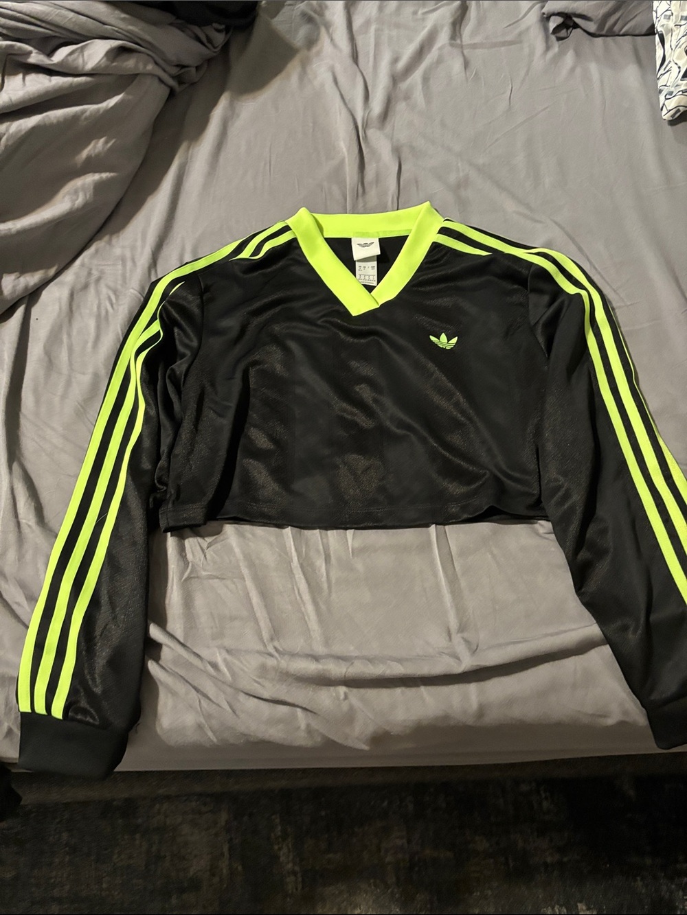 adidas Black & Neon Yellow Cropped V‑Neck Long Sleeve Top